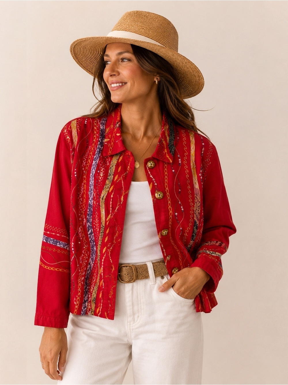 VTG Coldwater Creek Red Embroidered Button Front Jacket Blazer PM Petite Medium